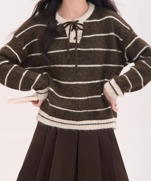 Beststore(ベストストア)の「フレンチガーリー♡ ボーダー柄 レースアップニット セーター プルオーバー 秋冬 厚手(全3色)(ニット/セーター・レディース・ネイビー/ブラウン/アイボリー・FREE)」の10枚目の写真