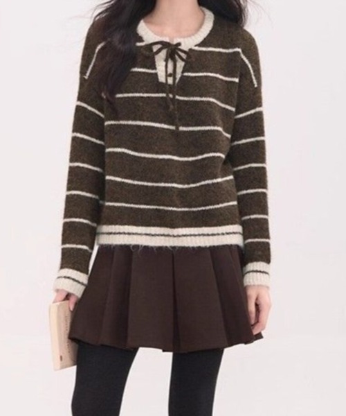Beststore(ベストストア)の「フレンチガーリー♡ ボーダー柄 レースアップニット セーター プルオーバー 秋冬 厚手(全3色)(ニット/セーター・レディース・ネイビー/ブラウン/アイボリー・FREE)」の11枚目の写真