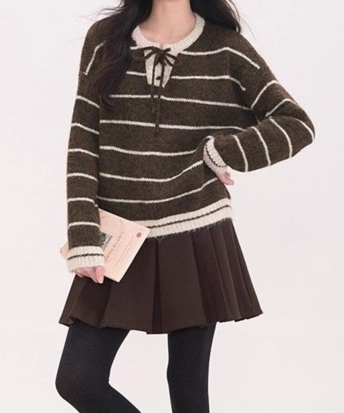 Beststore(ベストストア)の「フレンチガーリー♡ ボーダー柄 レースアップニット セーター プルオーバー 秋冬 厚手(全3色)(ニット/セーター・レディース・ネイビー/ブラウン/アイボリー・FREE)」の12枚目の写真