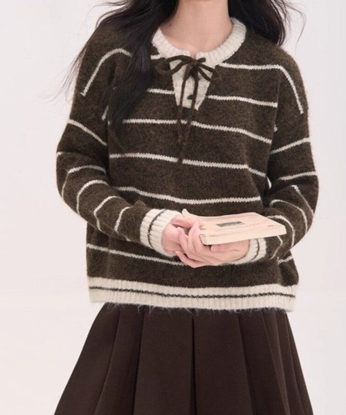 Beststore(ベストストア)の「フレンチガーリー♡ ボーダー柄 レースアップニット セーター プルオーバー 秋冬 厚手(全3色)(ニット/セーター・レディース・ネイビー/ブラウン/アイボリー・FREE)」の13枚目の写真