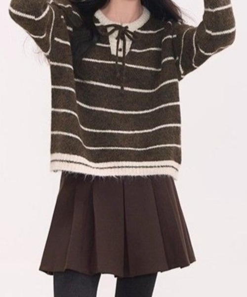 Beststore(ベストストア)の「フレンチガーリー♡ ボーダー柄 レースアップニット セーター プルオーバー 秋冬 厚手(全3色)(ニット/セーター・レディース・ネイビー/ブラウン/アイボリー・FREE)」の14枚目の写真