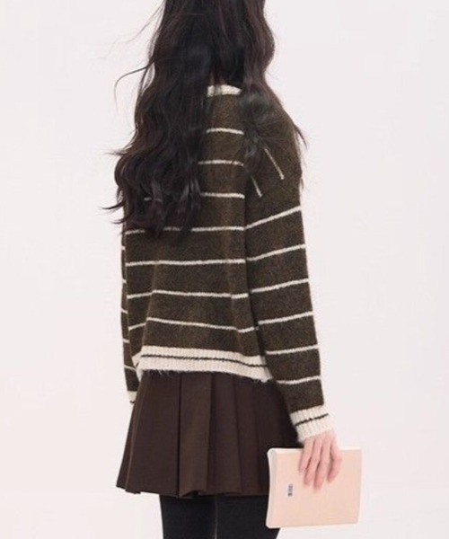 Beststore(ベストストア)の「フレンチガーリー♡ ボーダー柄 レースアップニット セーター プルオーバー 秋冬 厚手(全3色)(ニット/セーター・レディース・ネイビー/ブラウン/アイボリー・FREE)」の15枚目の写真