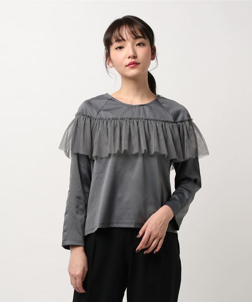 GeeRA(ジーラ)の「胸元チュールレース使いトップス(Tシャツ/カットソー・レディース・ブラック/チャコール・MEDIUM/LARGE/X-LARGE)」の6枚目の写真