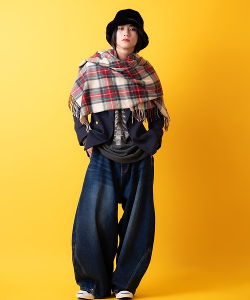 パターン付きベージュマフラー an meets zakka バリエーション大判ファー混マフラー(78cm×200cm