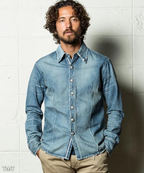 TMT（ティーエムティー）の「【「ハラスメントゲーム」迫田孝也さん着用】SCAR-STITCH DENIM SHIRTS（シャツ/ブラウス・メンズ・インディゴブルー/ライトインディゴブルー/ブラック・SMALL/MEDIUM/LARGE/X-LARGE）」の3枚目の写真