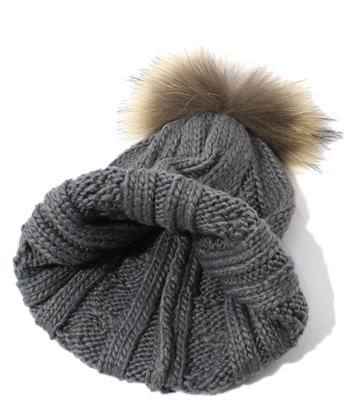 Ray BEAMS（レイビームス）の「□Ray BEAMS / ラクーンボンボンワッチ（ニットキャップ/ビーニー・レディース・ホワイト/グレー/ブラック・ONE SIZE）」の7枚目の写真