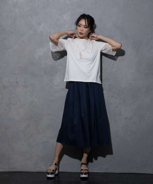 A/C DESIGN BY ALPHA CUBIC（エーシーデザインバイアルファキュービック）の「レース袖ブルオーバー（Tシャツ/カットソー・レディース・オフホワイト/ブラック・M size/L size）」の4枚目の写真