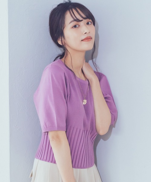 KOBE LETTUCE（コウベレタス）の「［WEARISTA近藤千尋さんコラボ］編み地切り替えバルーンスリーブサマーリブニット（ニット/セーター・レディース・ブラック/ベージュ/ブラウン/レッド/オフホワイト/イエロー/グリーン/ネイビー/ピンク/ダークオレンジ/ホワイト系その他/オレンジ/パープル系その他/ミント・FREE）」の9枚目の写真