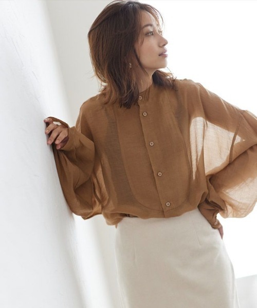 Pierrot（ピエロ）の「ヘンリーネックシアーシャツ（シャツ/ブラウス・レディース・ブラウン系その他/アイボリー/ミント/ベージュ・M）」の7枚目の写真