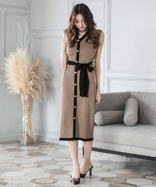 Julia Boutique（ジュリアブティック）の「ウエストリボン付きパイピングニットワンピース/21077（ワンピース・レディース・ブラック/ベージュ/ライトベージュ/ネイビー・M/LL/L/3L）」の10枚目の写真