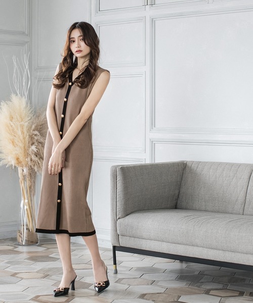 Julia Boutique（ジュリアブティック）の「ウエストリボン付きパイピングニットワンピース/21077（ワンピース・レディース・ブラック/ベージュ/ライトベージュ/ネイビー・M/LL/L/3L）」の15枚目の写真