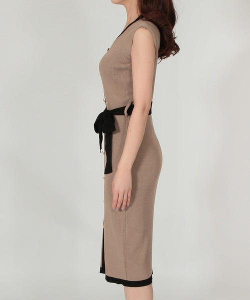 Julia Boutique（ジュリアブティック）の「ウエストリボン付きパイピングニットワンピース/21077（ワンピース・レディース・ブラック/ベージュ/ライトベージュ/ネイビー・M/LL/L/3L）」の5枚目の写真