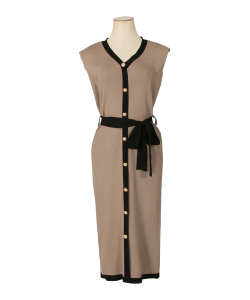 Julia Boutique（ジュリアブティック）の「ウエストリボン付きパイピングニットワンピース/21077（ワンピース・レディース・ブラック/ベージュ/ライトベージュ/ネイビー・M/LL/L/3L）」の9枚目の写真