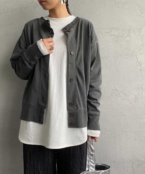 JEANS FACTORY （ジーンズファクトリー）の「[SCREEN STARS/スクリーンスターズ] 別注 ピグメント2WAYカーディガン（Tシャツ/カットソー・レディース・グリーン/ブラック/ライトグレー/ベージュ/パープル・F）」の14枚目の写真