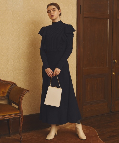 PURIL（ピュリル）の「【PURIL】リブメローフリルデザインフレアニット