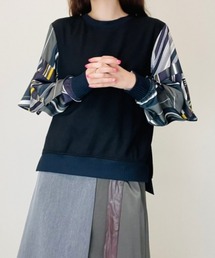 ストライプパッチワークプリントスリーブトップス