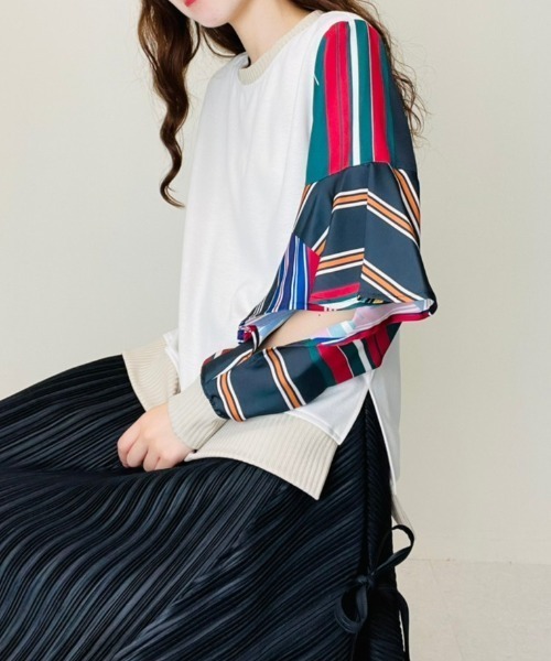 DOLLUPOOPS（ドールアップウップス）の「ストライプパッチワークプリントスリーブトップス（Tシャツ/カットソー・レディース・カーキ/マルチ・38）」の2枚目の写真