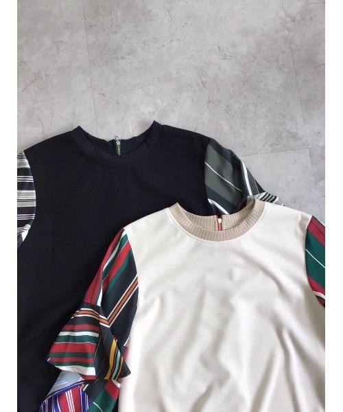 DOLLUPOOPS（ドールアップウップス）の「ストライプパッチワークプリントスリーブトップス（Tシャツ/カットソー・レディース・カーキ/マルチ・38）」の5枚目の写真