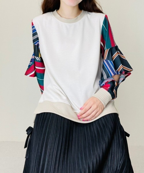 DOLLUPOOPS（ドールアップウップス）の「ストライプパッチワークプリントスリーブトップス（Tシャツ/カットソー・レディース・カーキ/マルチ・38）」の6枚目の写真