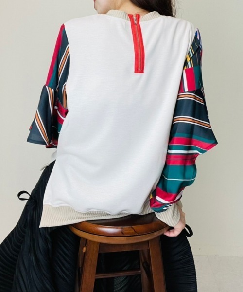 DOLLUPOOPS（ドールアップウップス）の「ストライプパッチワークプリントスリーブトップス（Tシャツ/カットソー・レディース・カーキ/マルチ・38）」の8枚目の写真