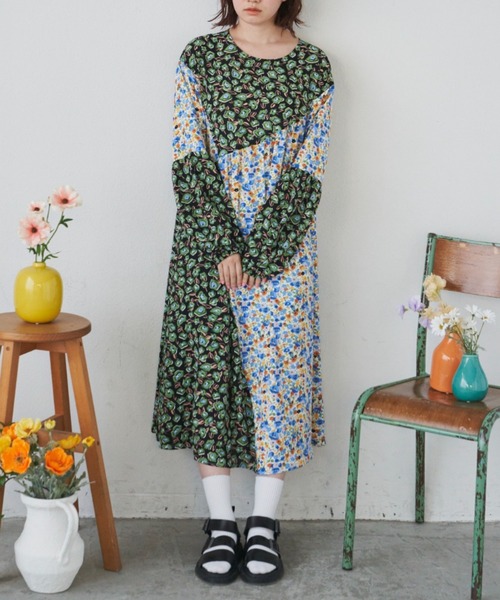 ルールロジェットパッチワーク花柄の長袖ドレスワンピース