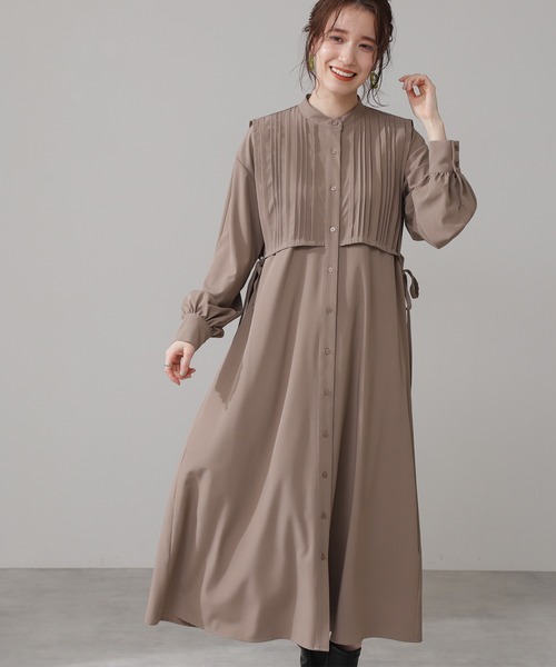 N.（N. Natural Beauty Basic）（エヌエヌナチュラルビューティーベーシック）の「スタンドカラーピンタックワンピース（ワンピース・レディース・グレー/ブラウン/ライトグリーン・MEDIUM）」の3枚目の写真