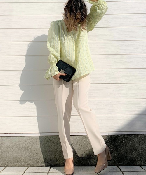 Q（キュー）の「ドビーストライプシャーリングブラウス（シャツ/ブラウス・レディース・ピンク系その他/イエロー系その他・MEDIUM）」の7枚目の写真