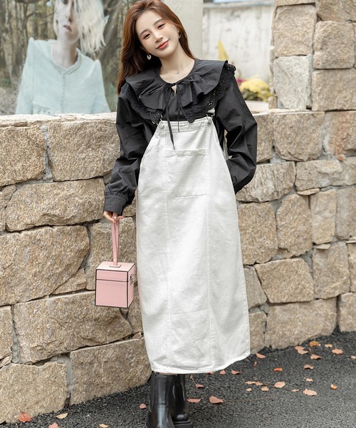 セール】レディース ぽわん袖のダブルビッグカラーフリルブラウス