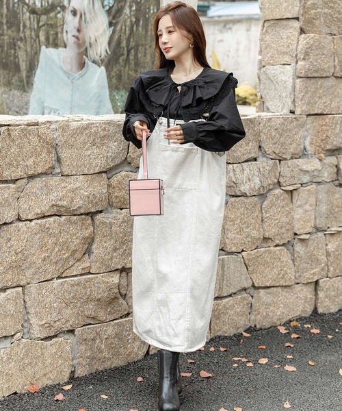 レディース ぽわん袖のダブルビッグカラーフリルブラウス（シャツ