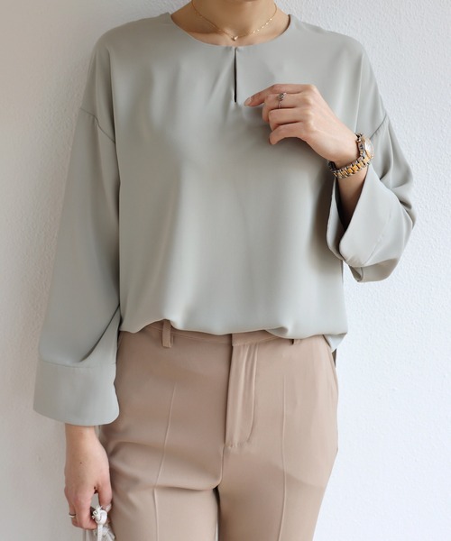 ベイジ BEIGE, とろみブラウス キーネック 2way 長袖 プルオーバー ベイジ BEIGE, とろみブラウス キーネック 2way 長袖 プルオーバー