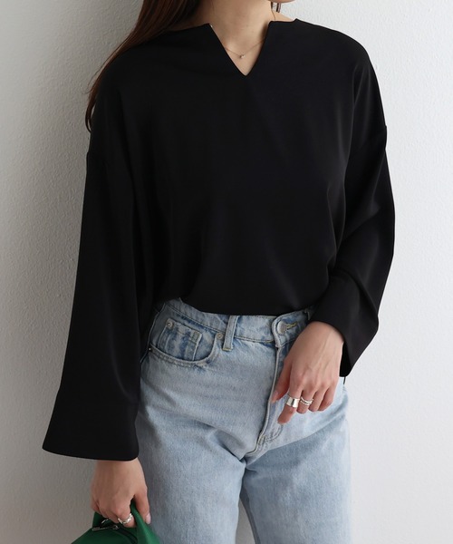とろみ素材長袖2wayキーネックブラウス（シャツ/ブラウス）｜andme