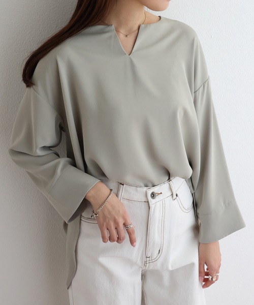 とろみ素材長袖2wayキーネックブラウス（シャツ/ブラウス