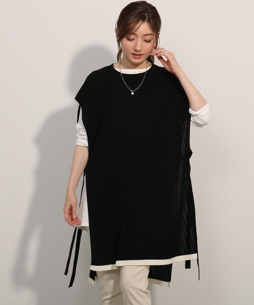 SHOO・LA・RUE(シューラルー)の「◆【2点セット】脇リボンワイドリブベスト+Tシャツセット(その他トップス・レディース・ブラック/ライトグリーン/レモンイエロー/サンドベージュ・02/04/03)」の1枚目の写真
