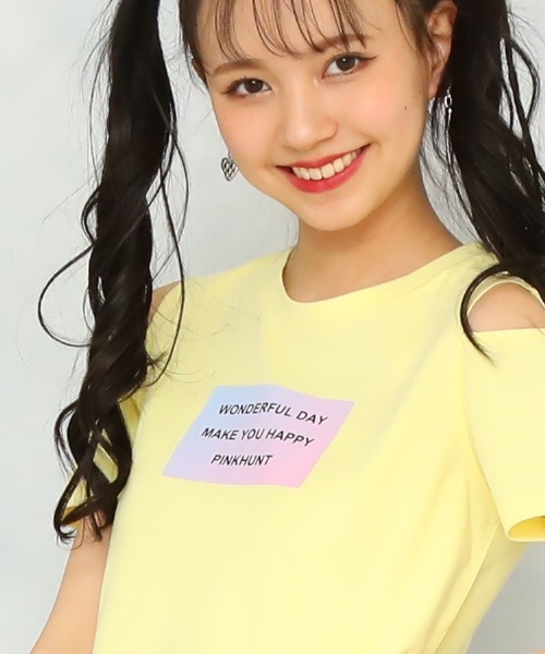 PINKHUNT(ピンクハント)の「PINKHUNT 肩出し転写プリントTシャツ 6973K(Tシャツ/カットソー・キッズ・ホワイト/ブラック/イエロー・140cm/150cm/130cm/160cm/120cm)」の1枚目の写真