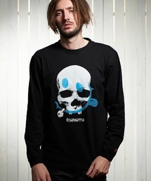 mlt3845-5.6oz天竺 スマイリースカルフラッシュプリント LS Tシャツ