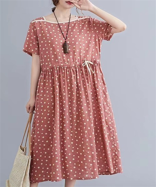 Dream garden(ドリームガーデン)の「ウエストマーク ドット柄フレアワンピース(ワンピース・レディース・ブラウン/ピンク/ブルー・M/L/2XL/XL)」の11枚目の写真