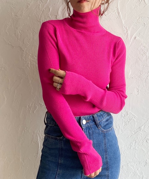 She's Closet（シーズクローゼット）の「ハイネックタイト長袖リブニットプルオーバー（ニット/セーター・レディース・ブラック/ブラック×ホワイト/グリーン/アイボリー/ピンク/オレンジ/ブルー・FREE）」の6枚目の写真