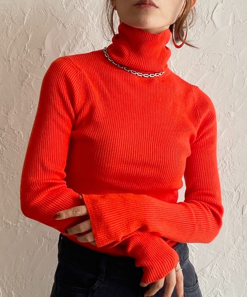 She's Closet（シーズクローゼット）の「ハイネックタイト長袖リブニットプルオーバー（ニット/セーター・レディース・ブラック/ブラック×ホワイト/グリーン/アイボリー/ピンク/オレンジ/ブルー・FREE）」の7枚目の写真