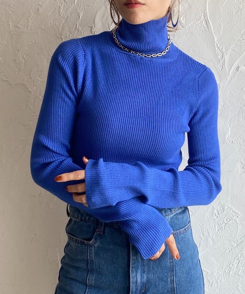 She's Closet（シーズクローゼット）の「ハイネックタイト長袖リブニットプルオーバー（ニット/セーター・レディース・ブラック/ブラック×ホワイト/グリーン/アイボリー/ピンク/オレンジ/ブルー・FREE）」の5枚目の写真