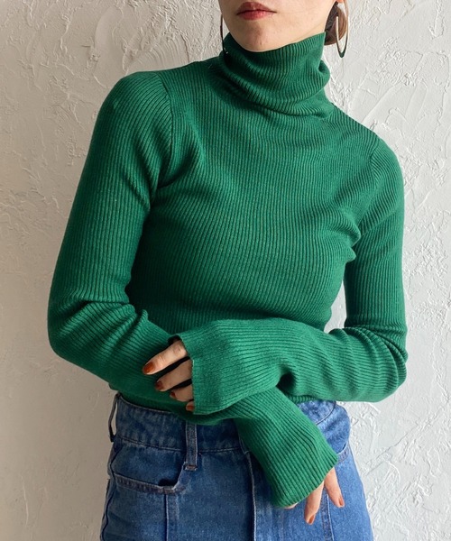 She's Closet（シーズクローゼット）の「ハイネックタイト長袖リブニットプルオーバー（ニット/セーター・レディース・ブラック/ブラック×ホワイト/グリーン/アイボリー/ピンク/オレンジ/ブルー・FREE）」の4枚目の写真