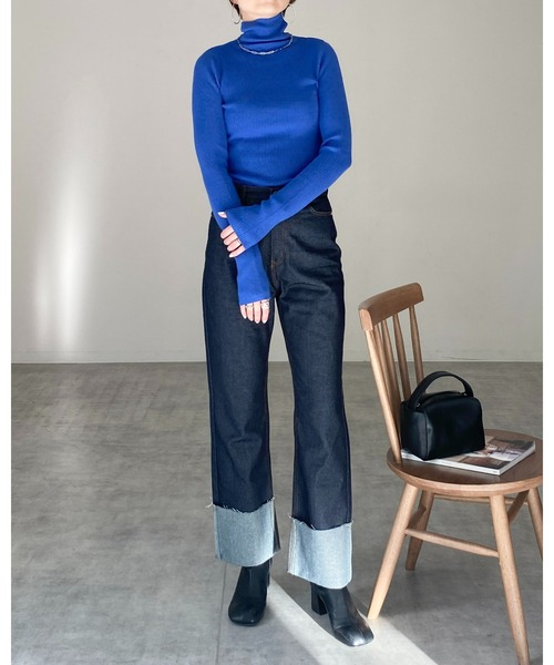 She's Closet（シーズクローゼット）の「ハイネックタイト長袖リブニットプルオーバー（ニット/セーター・レディース・ブラック/ブラック×ホワイト/グリーン/アイボリー/ピンク/オレンジ/ブルー・FREE）」の9枚目の写真