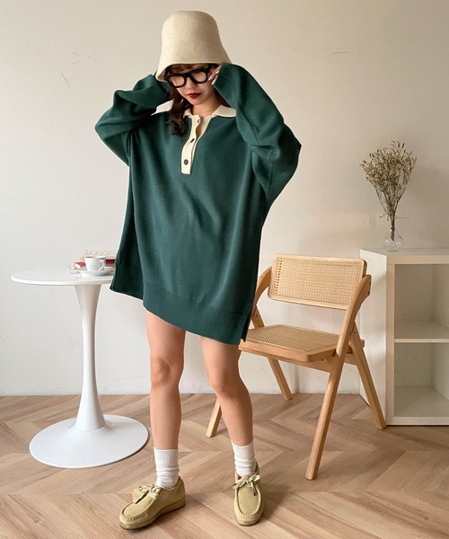 WEGO(ウィゴー)の「WEGO/【一部店限定】オーバーサイズポロニット(ニット/セーター・レディース・グリーン/ベージュ・FREE)」の9枚目の写真