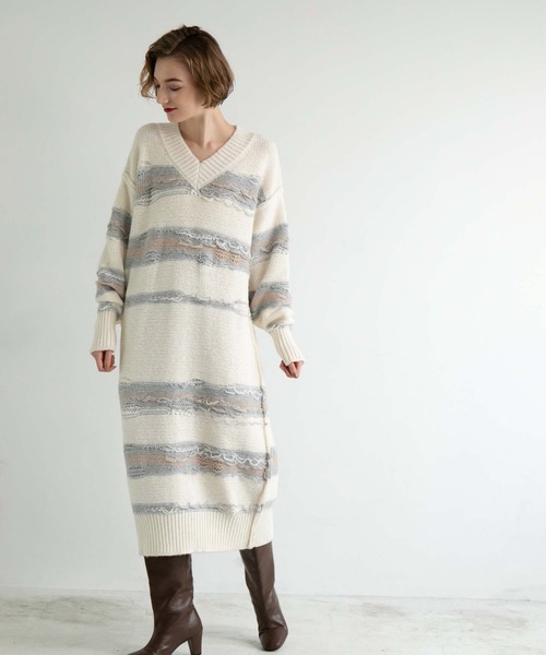 fifth（フィフス）の「デザイン編みVネックニットワンピース（ワンピース・レディース・オフホワイト・M/S）」の12枚目の写真