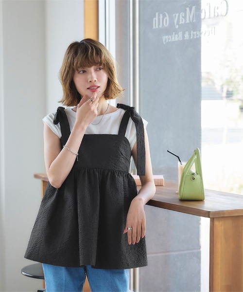 titivate（ティティベイト）の「ふくれジャガードリボントップス（Tシャツ/カットソー・レディース・ライトベージュ/ブラック・M/S）」の14枚目の写真