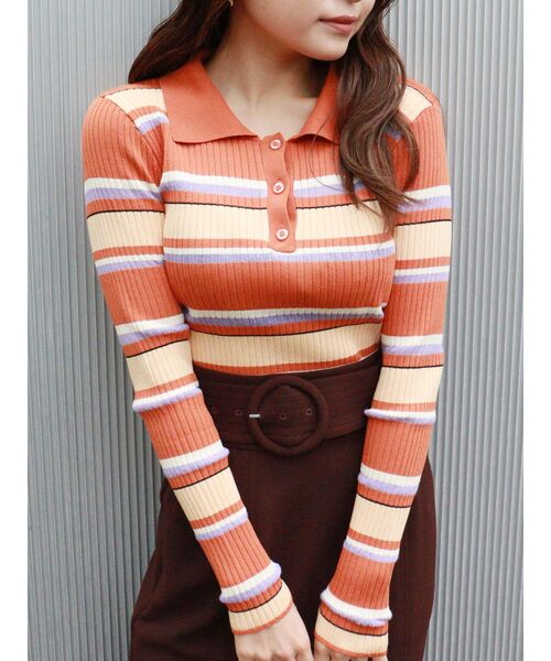 MURUA（ムルーア）の「シアーボーダーポロシャツ（ポロシャツ・レディース・ブラック/ブルー/オレンジ・FREE）」の3枚目の写真