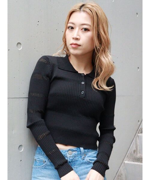 MURUA（ムルーア）の「シアーボーダーポロシャツ（ポロシャツ・レディース・ブラック/ブルー/オレンジ・FREE）」の8枚目の写真