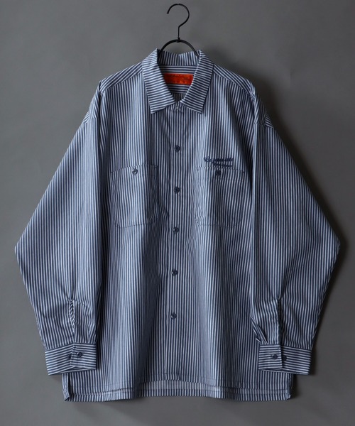 SITRY（シトリー）の「One Point Stitch Oversize Striped Work Shirt/ワンポイント刺繍 オーバーサイズ ストライプ ワークシャツ（シャツ/ブラウス・メンズ・グレイッシュベージュ/ブラック系その他/ブルー系その他/グリーン/ブルー・M/L）」の5枚目の写真
