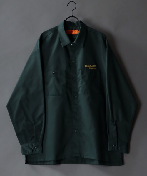 SITRY（シトリー）の「One Point Stitch Oversize Striped Work Shirt/ワンポイント刺繍 オーバーサイズ ストライプ ワークシャツ（シャツ/ブラウス・メンズ・グレイッシュベージュ/ブラック系その他/ブルー系その他/グリーン/ブルー・M/L）」の4枚目の写真