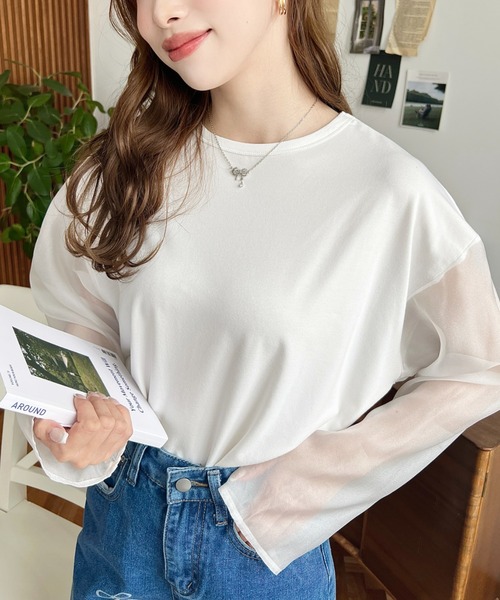 moment+(モーメントプラス)の「シアースリーブロングTシャツ(Tシャツ/カットソー・レディース・オフホワイト/ブラック・M/L)」の11枚目の写真