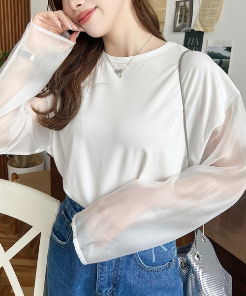 moment+(モーメントプラス)の「シアースリーブロングTシャツ(Tシャツ/カットソー・レディース・オフホワイト/ブラック・M/L)」の8枚目の写真